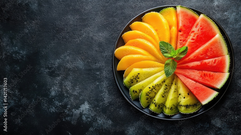 Poster slices of watermelon and melon artfully arranged on a serving tray with copy space beside