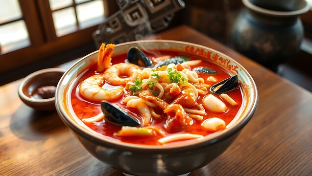 Jjamppong noodle soup with rich red broth, seafood, and vegetables in a deep ceramic bowl on rustic Korean table. Middle angle, 16K realism, warm light.