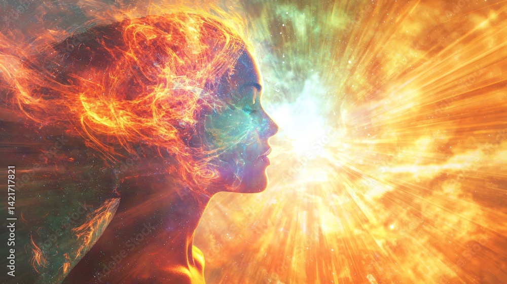 Poster woman’s face surrounded by a brilliant explosion of energy creating a captivating display of light a