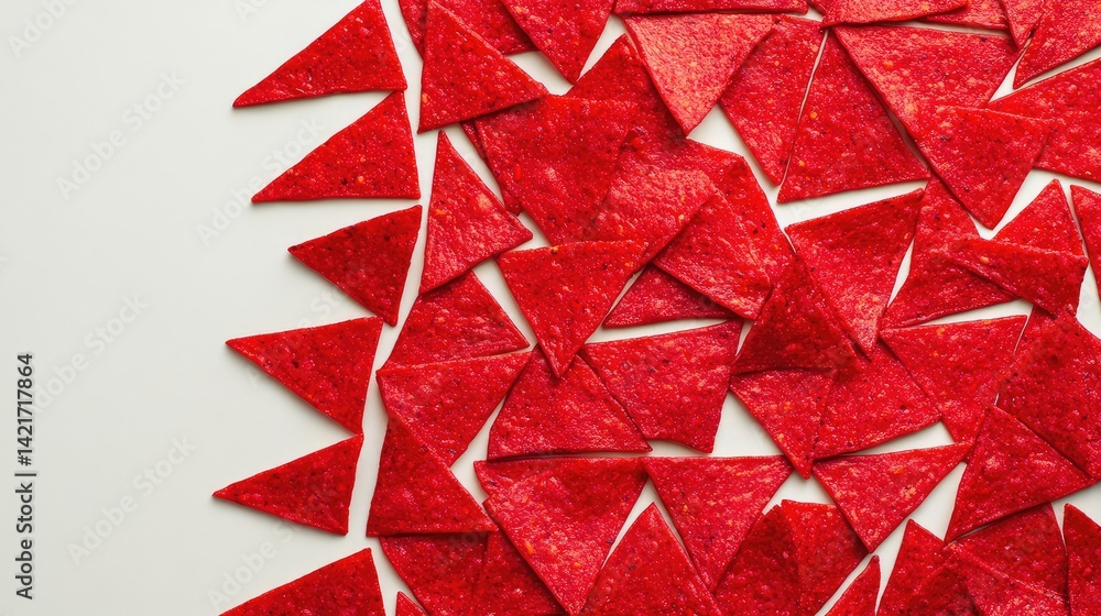 Poster tomato-flavored tortilla chips stacked in a neat pattern on a clean white background with ample spac