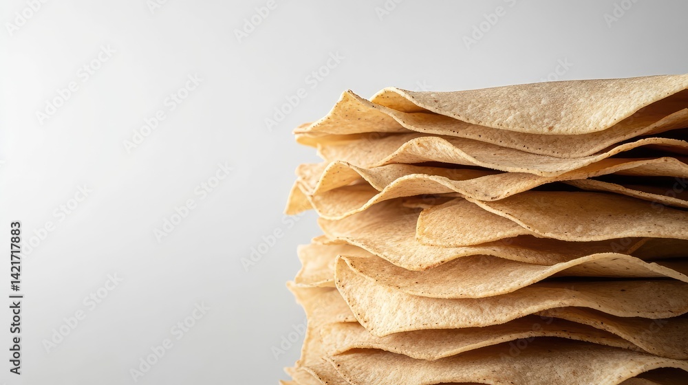 Poster tomato-flavored tortilla chips stacked in a neat pattern on a clean white background with ample spac