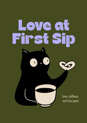 Cute Cat Holding Coffee and Pretzel Poster Illustration