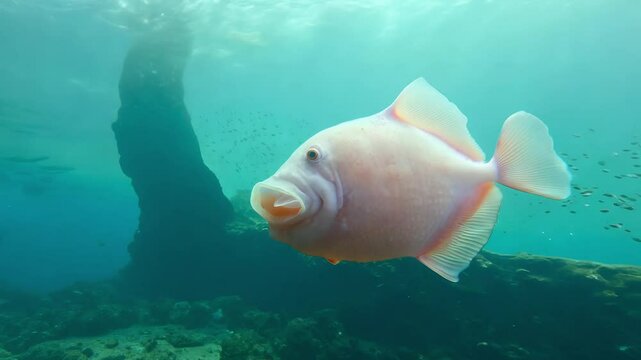 The camera tilts up to reveal an ethereal blobfish drifting near a mysterious underwater ridge, soft natural diffusion brings out its unusual features