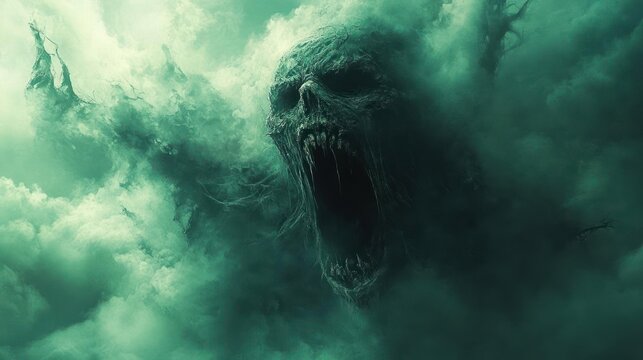 A monstrous, guttural scream emerges from ethereal, swirling clouds