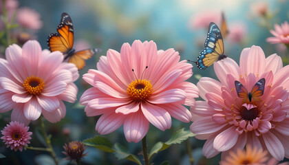 Pink flowers with vibrant butterflies in a sunlit garden