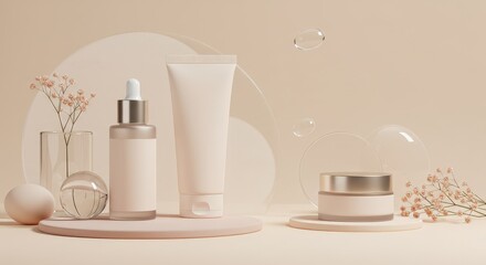 refined display of skincare essentials, including a luxurious serum bottle, a tube, and a cream jar, all arranged elegantly against a soft, neutral background