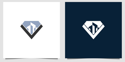 Modern logo design combining a stylized diamond shape with high-rise buildings, symbolizing premium real estate, architecture, or construction services. 