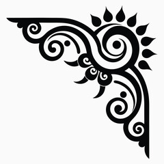 Abstract floral art showcases a seamless vector pattern with black swirls and leaf elements, a vintage decorative design