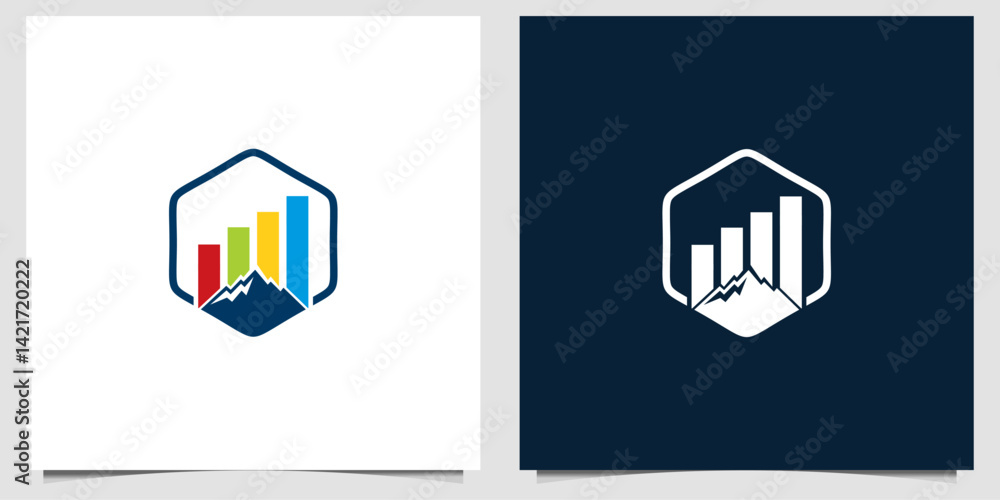 Poster professional logo design combining a mountain peak with a colorful ascending bar graph inside a hexa