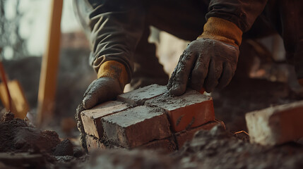 Construction Worker Laying Bricks