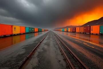 Dramatic Sky Over a Colorful Train Yard During a Rainy Evening