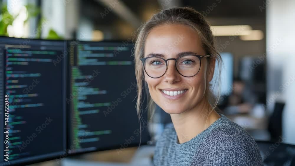 Poster smiling woman with glasses in modern office, programming on computer surrounded by screens.