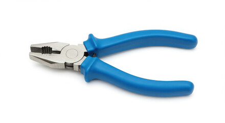 Fototapeta premium Blue-handled pliers with a shiny metallic head on a white background 
