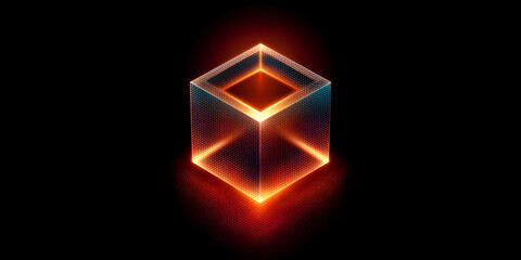 Dark Cube With Neon Orange Light Effects Creating a Striking Visual Display in a Modern Art Space During Nighttime