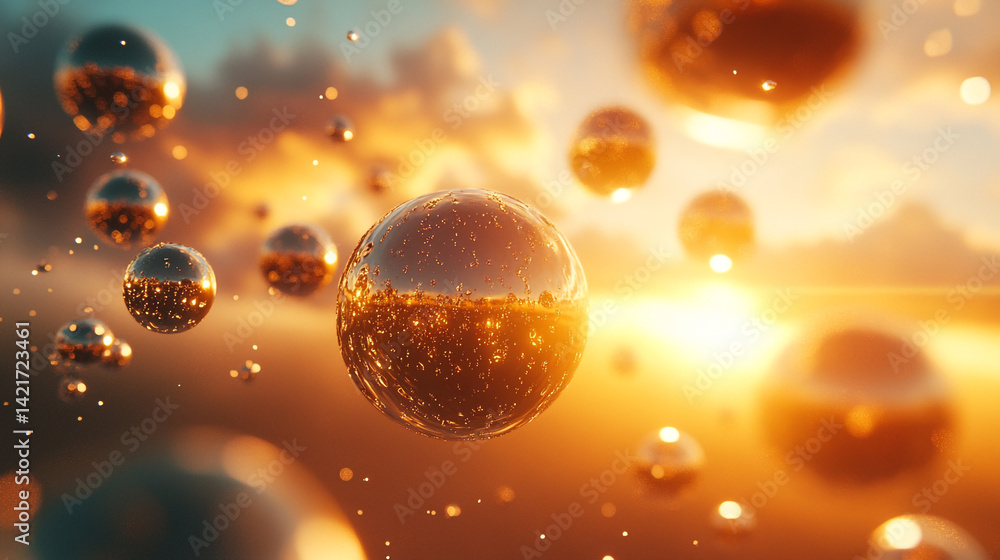 Poster abstract glossy spheres floating in a colorful gradient atmosphere at sunset in a dreamy and etherea