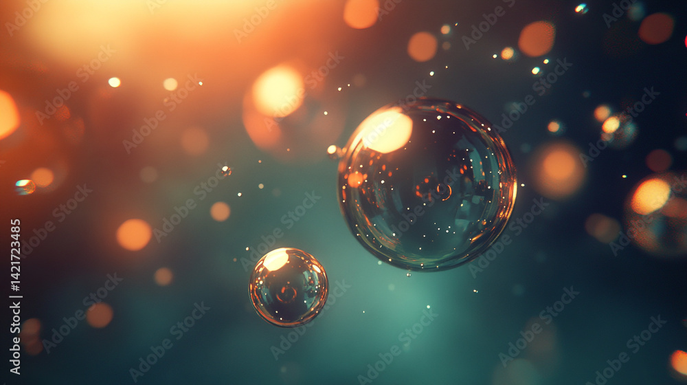 Poster abstract glossy spheres floating in a colorful gradient atmosphere with blurred lights and a magical