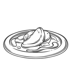 Foie gras, French liver dish with sauce line icon. Hand drawn luxury restaurant meal, plate with cooked goose or duck liver slices. Cuisine of France, delicacy mascot food vector illustration