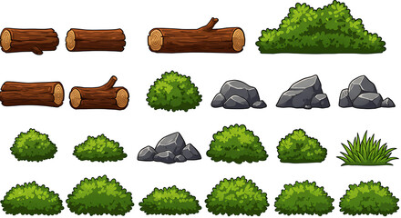 Cartoon Nature Elements Logs, Bushes, Rocks, Grass - Game Assets
