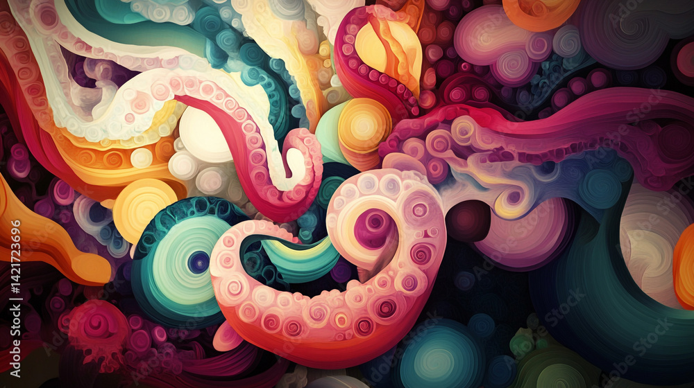 Poster abstract organic shapes of jellyfish tentacles in dynamic swirls and curves featuring vibrant colors
