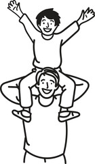 Happy Father and Son Enjoying a Fun Shoulder Ride. Son sitting on his dad shoulders, father's day concept. Vector monochrome, drawing by lines. People in the Park. Family concept.