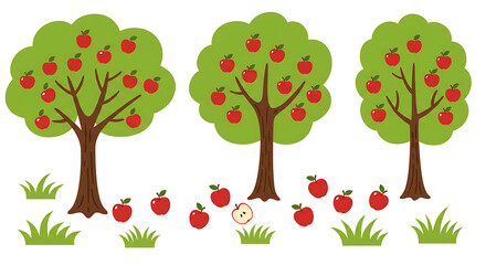 Fototapeta premium Three Apple Trees with Red Apples and Grass Illustration