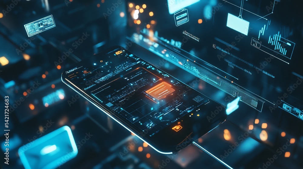 Wall mural futuristic smartphone interface displaying complex data visualization