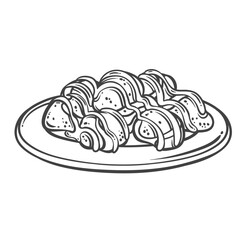 Profiteroles, French choux pastry balls with cream outline. Hand drawn Plate of filled cakes with sprinkles of chocolate. Cuisine of France, dessert mascot, stuffed profiteroles vector illustration