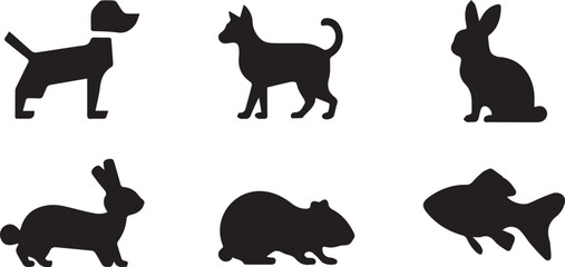 Simple Black Silhouette Icons of Common Pets and Animals