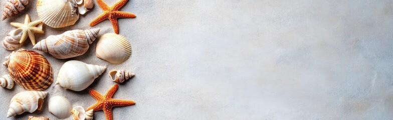 Assorted seashells and starfish on a light-colored surface