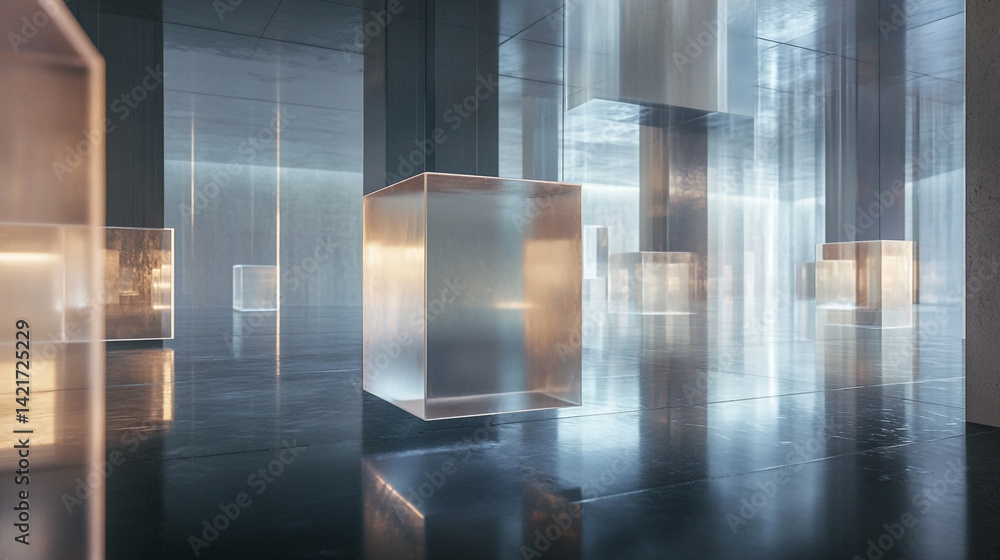 Poster ethereal floating glass cubic formations in dark reflective environment with soft light enhancements