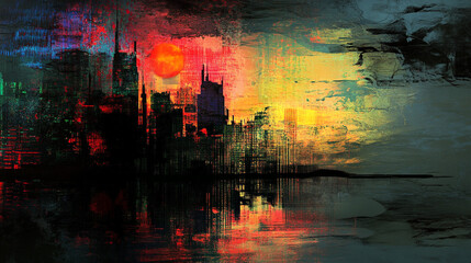 Fototapeta premium Abstract Cyberpunk Skyline with Vibrant Colors and Digital Glitch Effects Capturing a Futuristic Cityscape at Dusk