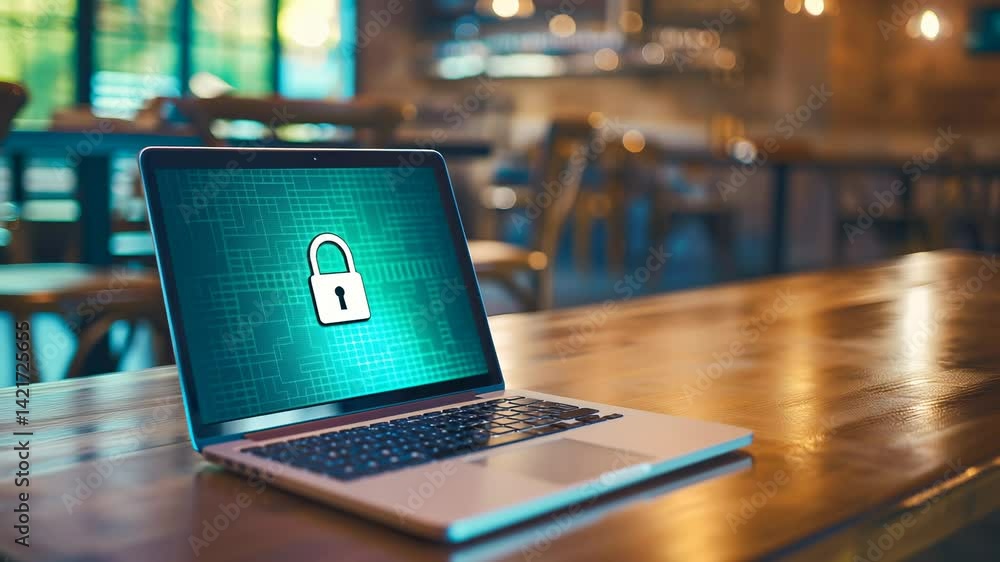 Poster laptop with security padlock icon displayed on screen, positioned on wooden table in cafe with blurr