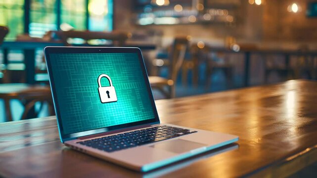 Laptop with security padlock icon displayed on screen, positioned on wooden table in cafe with blurred background. Cybersecurity and data privacy visualization.