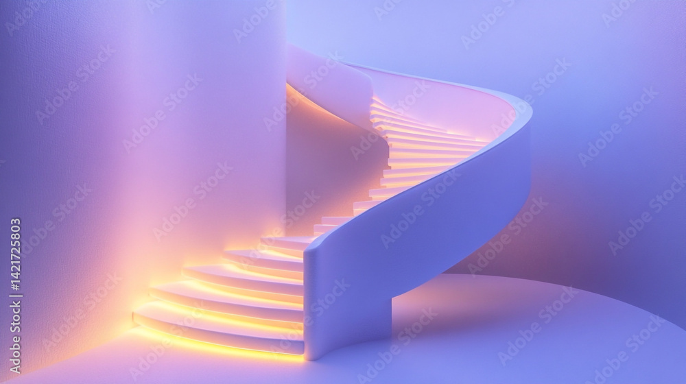 Poster Endless Abstract Staircase in Soft Neon Light Within Ethereal Space, Creating an Inviting and Dreamlike Atmosphere for Creative Designs