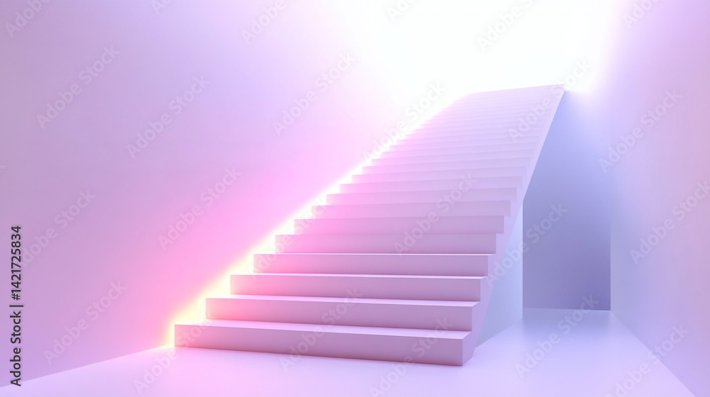 Poster endless staircase in abstract space with soft neon lighting creating a dreamlike atmosphere of tranq