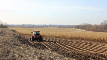 Naklejka premium A farmer uses a tractor to plant rows of corn in early spring, with a fertile field and clear blue sky stretching in the background
