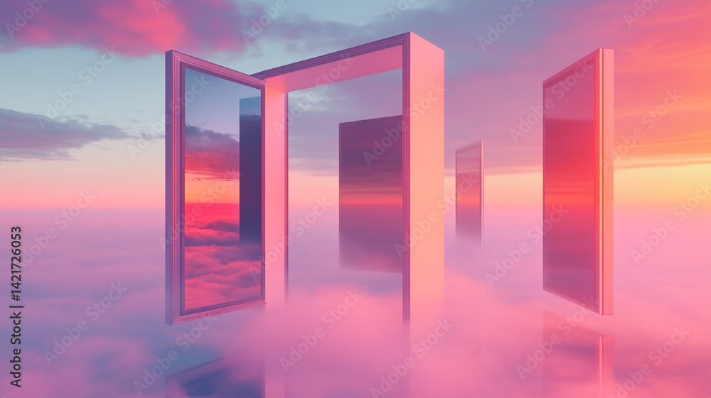 Poster ethereal floating doors and windows in dreamlike gradient sky surrounded by soft clouds at dusk crea