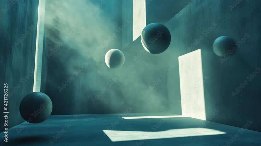 Poster floating spheres casting shadows on invisible planes in a mystical light setting with mist in a surr