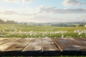 Rustic wooden table, summer meadow