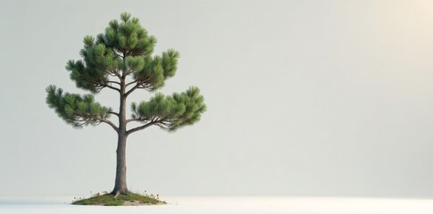 Obraz premium A solitary pine tree stands majestically on a small patch of earth against a minimalist backdrop.