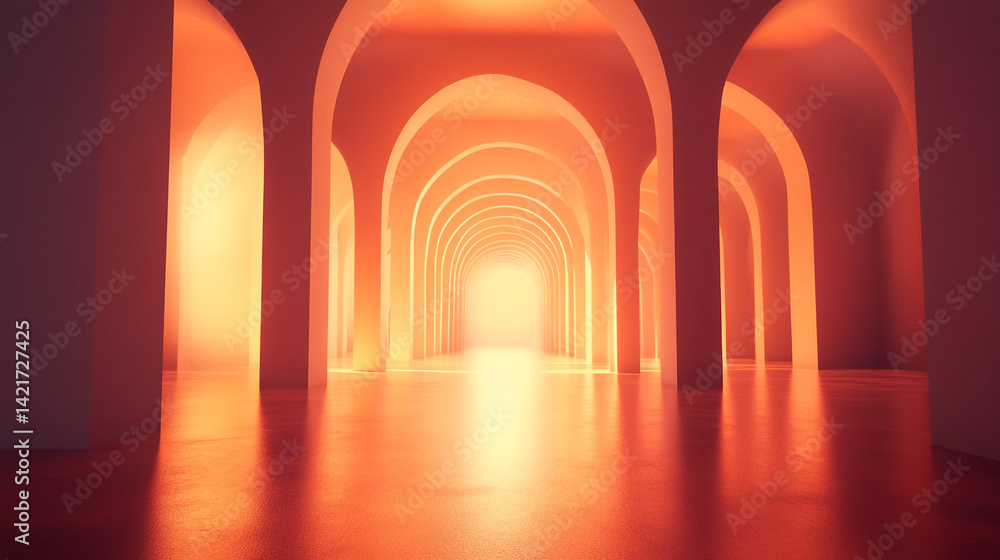 Poster infinite corridor of glowing archways in vibrant perspective with soft light reflections enhancing t