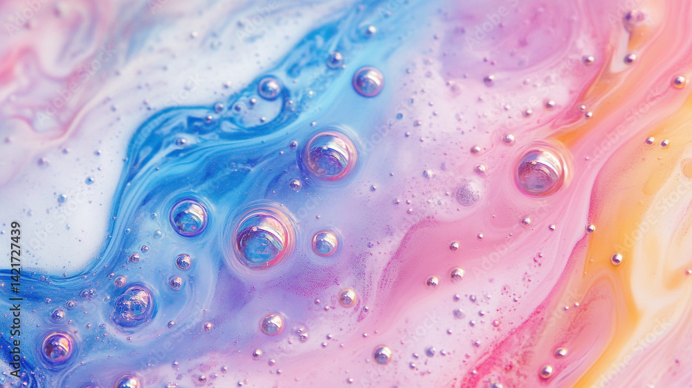 Poster abstract iridescent soap bubbles on colorful swirling background with macro detail for vibrant wallp