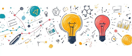 Educational business planning scene with handdrawn graphs, timelines, and innovation icons, minimalist white background, detailed artistic strategy layout