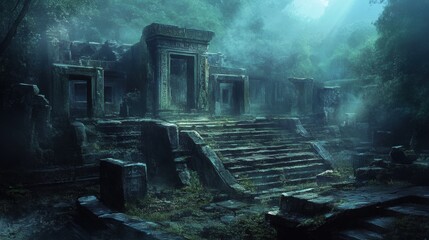 Abandoned ancient ruins of a stone temple, weathered stairs covered in moss, a lost civilization in a misty, mysterious forest.
