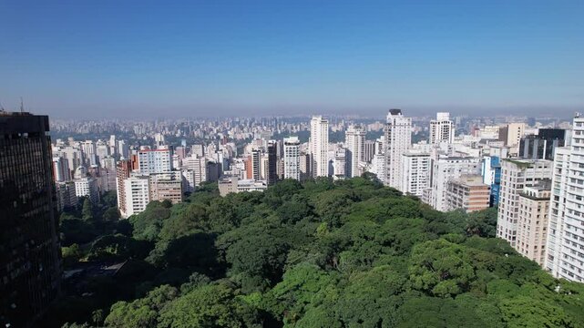 Aerial view of Trianon Park, on Paulista Avenue, SP. Park with many trees and residential buildings around it