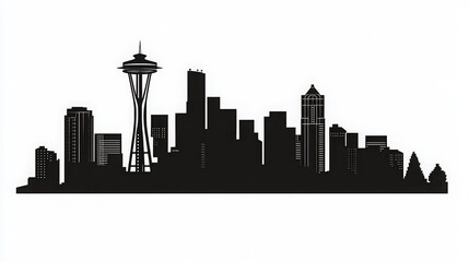 Minimal black and white silhouette of downtown Seattle skyline featuring iconic urban architecture, modern highrise buildings, and sharp cityscape contrast for abstract city design concepts.
