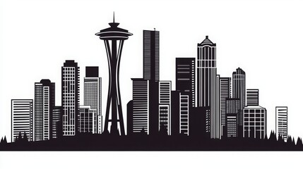 Minimal black and white silhouette of downtown Seattle skyline featuring iconic urban architecture, modern highrise buildings, and sharp cityscape contrast for abstract city design concepts.