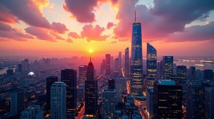 Fototapeta premium A Vibrant Cityscape at Sunset, Illuminating a Skyline of Modern Architecture with a Glowing Horizon