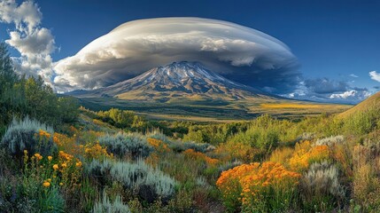 Majestic mountain under a dramatic sky. Lush fall foliage surrounds the peak