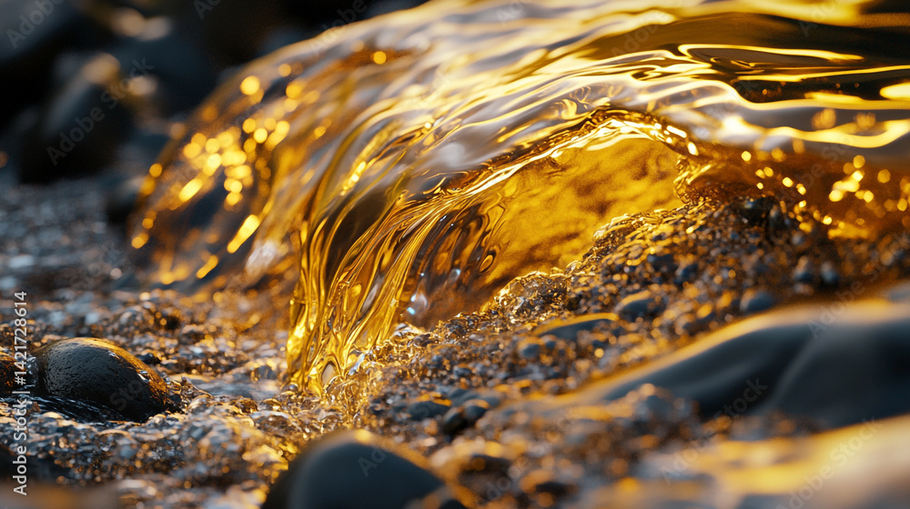 Poster surreal melting gold liquid flowing over rocks in a metallic display with artistic light reflection 